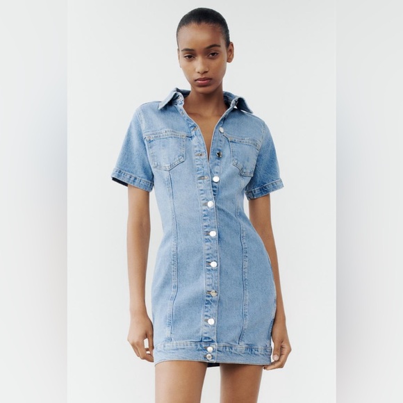 Zara dress denim short sleeve mini button up casual jean dress - Picture 1 of 7